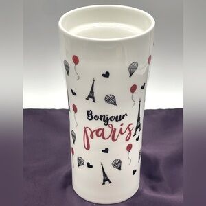 Ciroa “Bonjour Paris” Porcelain Travel Mug Eiffel Tower, Heart & Hot Air Balloon